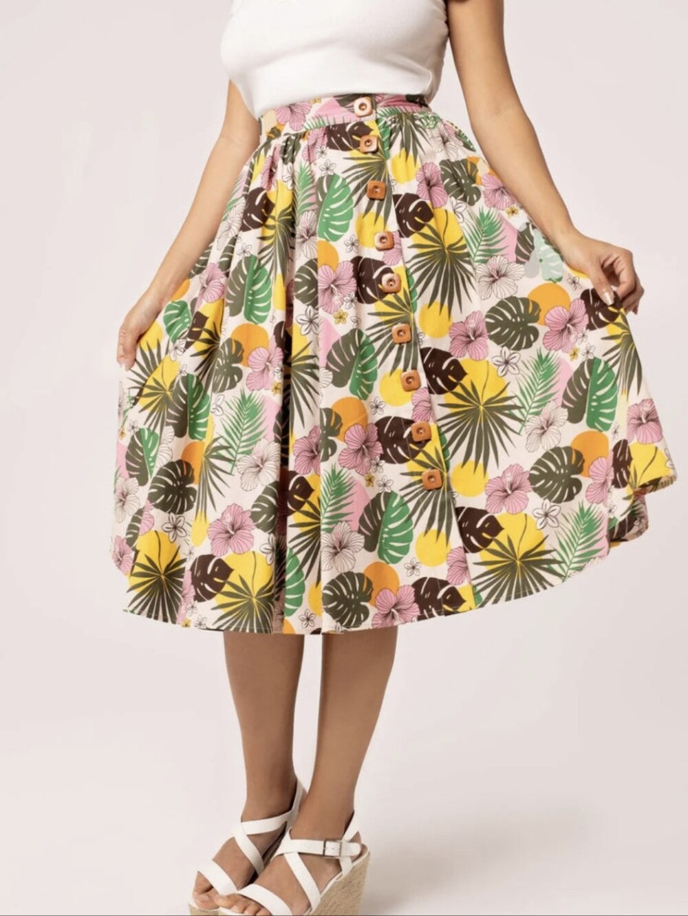 Pink Tropical A-Line Midi Skirt with Button Front 2xl Hell Bunny